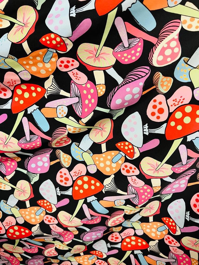 Colorful mushrooms design print on the best quality of nylon spandex 4-way stretch 58/60”sold by the YD.Ships worldwide from Los Angeles CA.