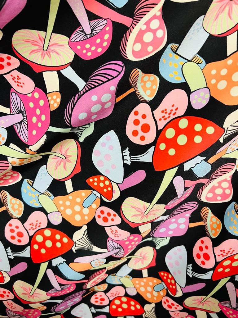 Colorful mushrooms design print on the best quality of nylon spandex 4-way stretch 58/60”sold by the YD.Ships worldwide from Los Angeles CA.