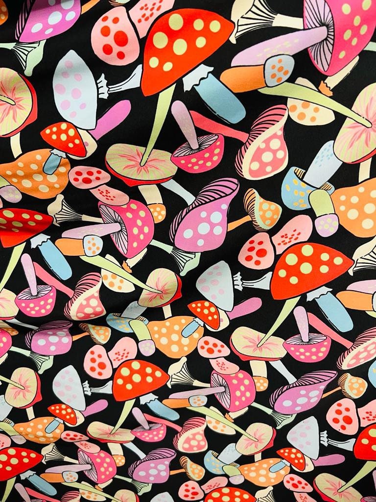 Colorful mushrooms design print on the best quality of nylon spandex 4-way stretch 58/60”sold by the YD.Ships worldwide from Los Angeles CA.