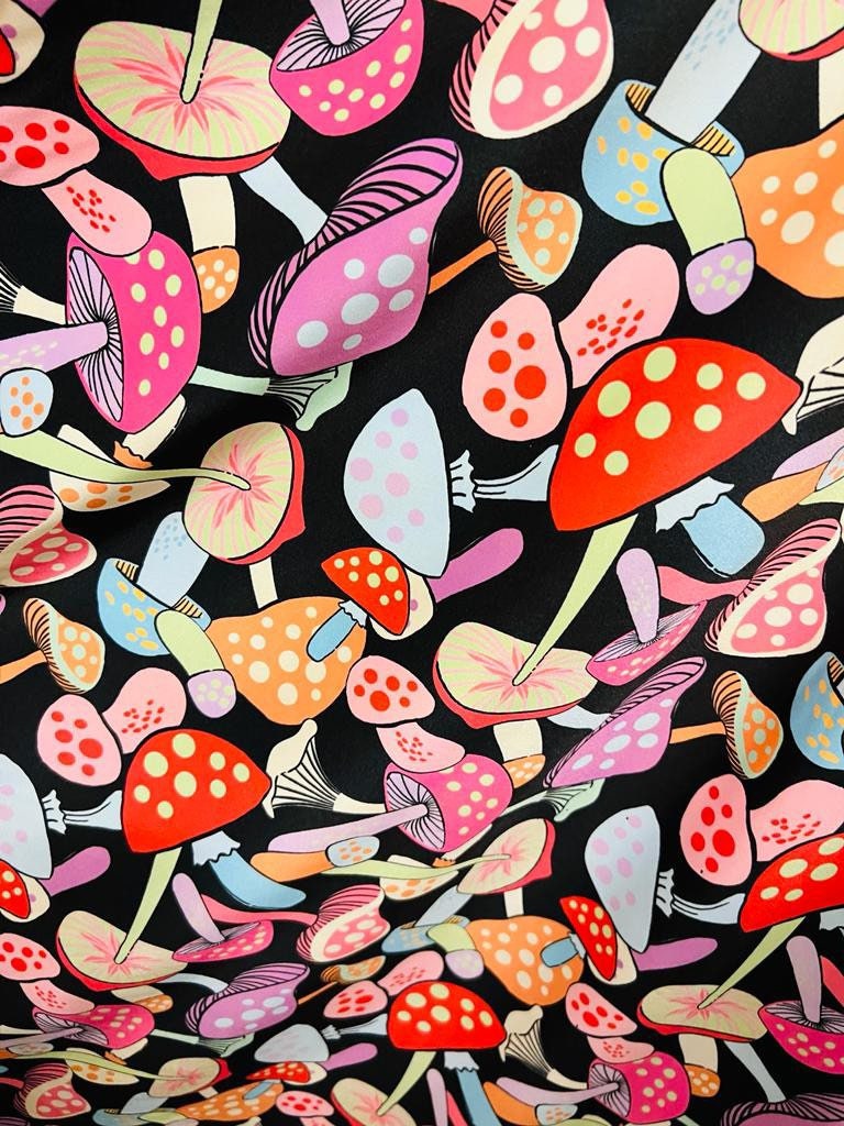 Colorful mushrooms design print on the best quality of nylon spandex 4-way stretch 58/60”sold by the YD.Ships worldwide from Los Angeles CA.