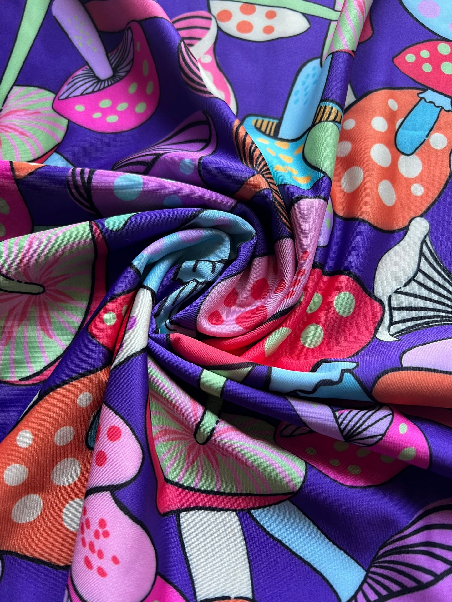 Colorful mushroom design print on the best quality of nylon spandex 4-stretch 580/60”sold by the YD.ships worldwide from Los Angeles CA USA