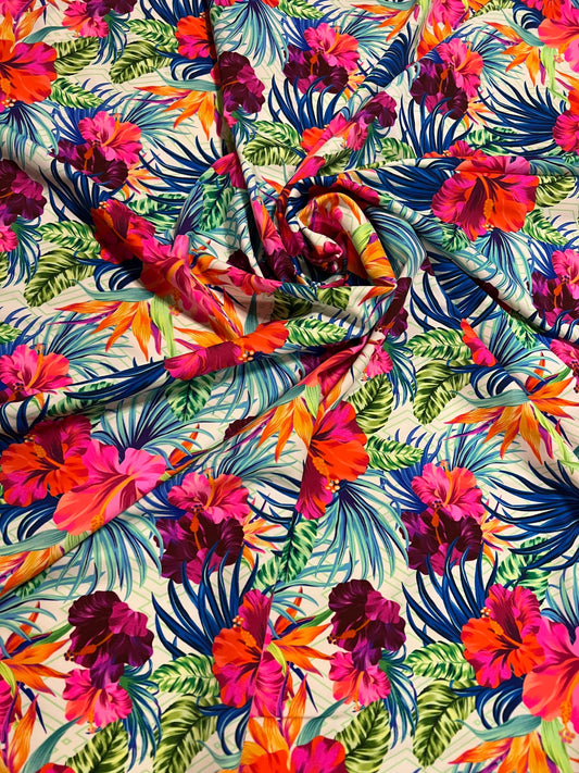 Hawaiian flowers design print on the best quality of nylon spandex 4-stretch 58/60”sold by the YD.ships worldwide from Los Angeles CA USA.