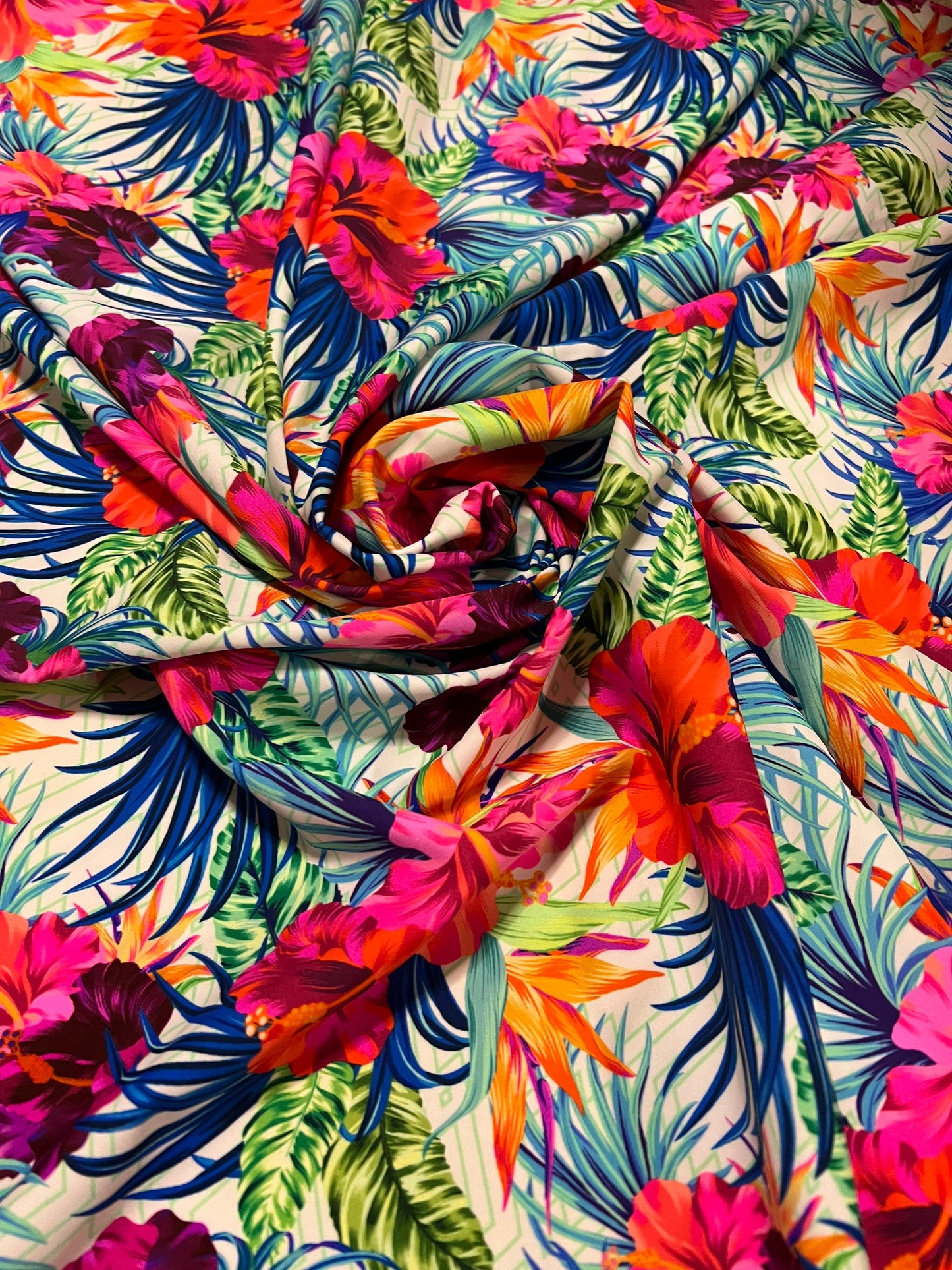 Hawaiian flowers design print on the best quality of nylon spandex 4-stretch 58/60”sold by the YD.ships worldwide from Los Angeles CA USA.