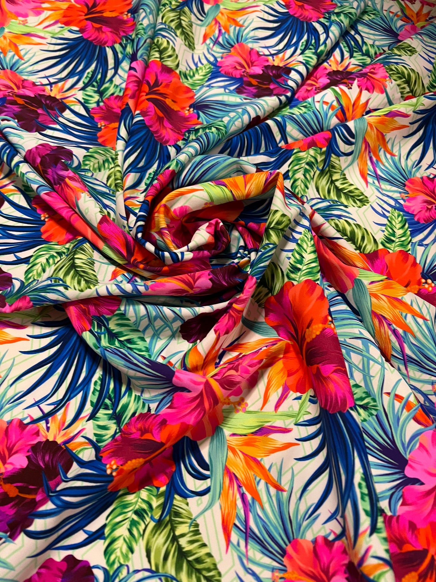 Hawaiian flowers design print on the best quality of nylon spandex 4-stretch 58/60”sold by the YD.ships worldwide from Los Angeles CA USA.