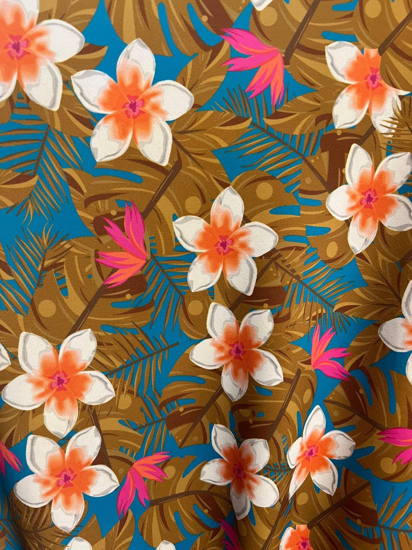 Hawaiian tropical floral design print on the best quality of nylon spandex 4-stretch 58/60”sold by the YD.ships worldwide from Los Angeles