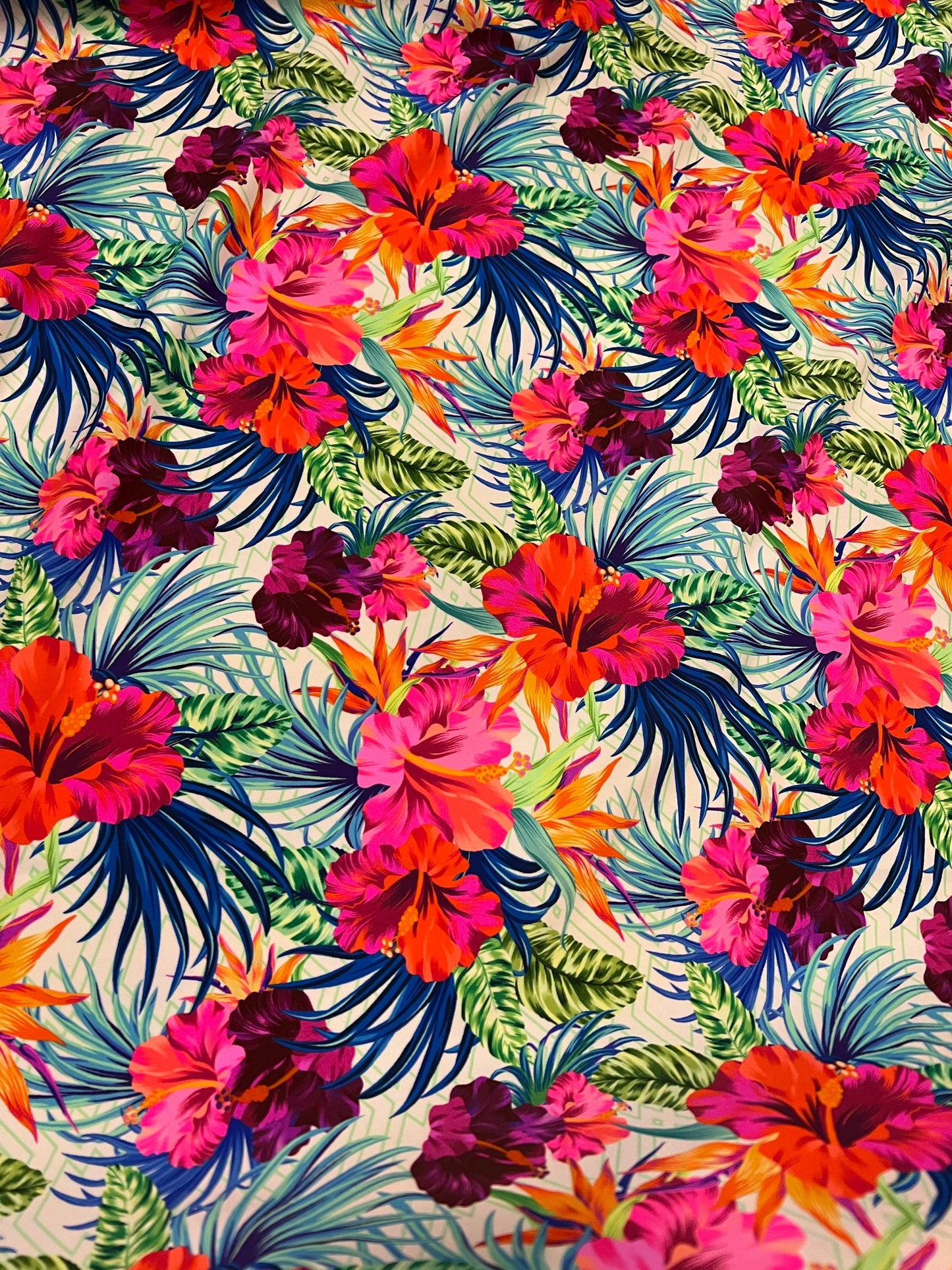 Hawaiian flowers design print on the best quality of nylon spandex 4-stretch 58/60”sold by the YD.ships worldwide from Los Angeles CA USA.