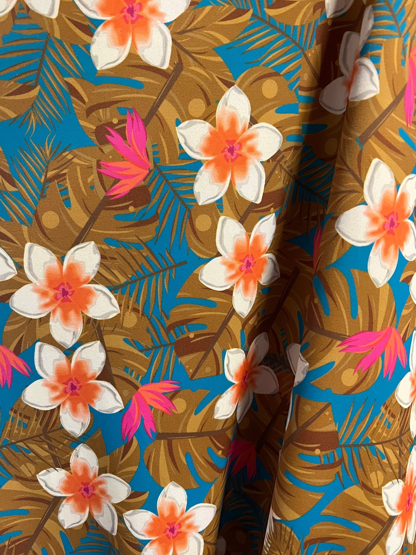 Hawaiian tropical floral design print on the best quality of nylon spandex 4-stretch 58/60”sold by the YD.ships worldwide from Los Angeles