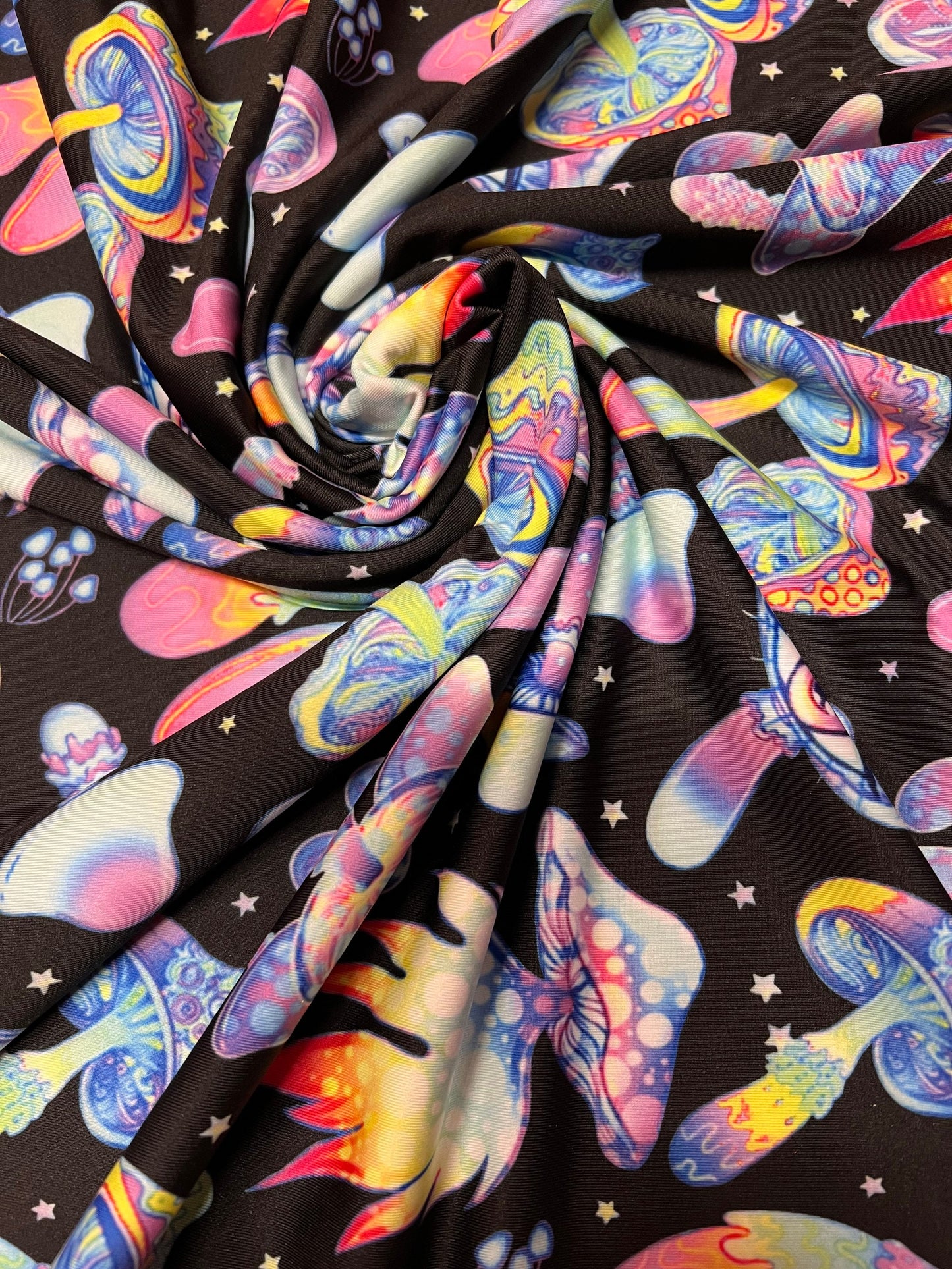 Magic mushroom pattern design print on the best quality of nylon spandex 4- way stretch sold by the YD.ships worldwide from Los Angeles CA