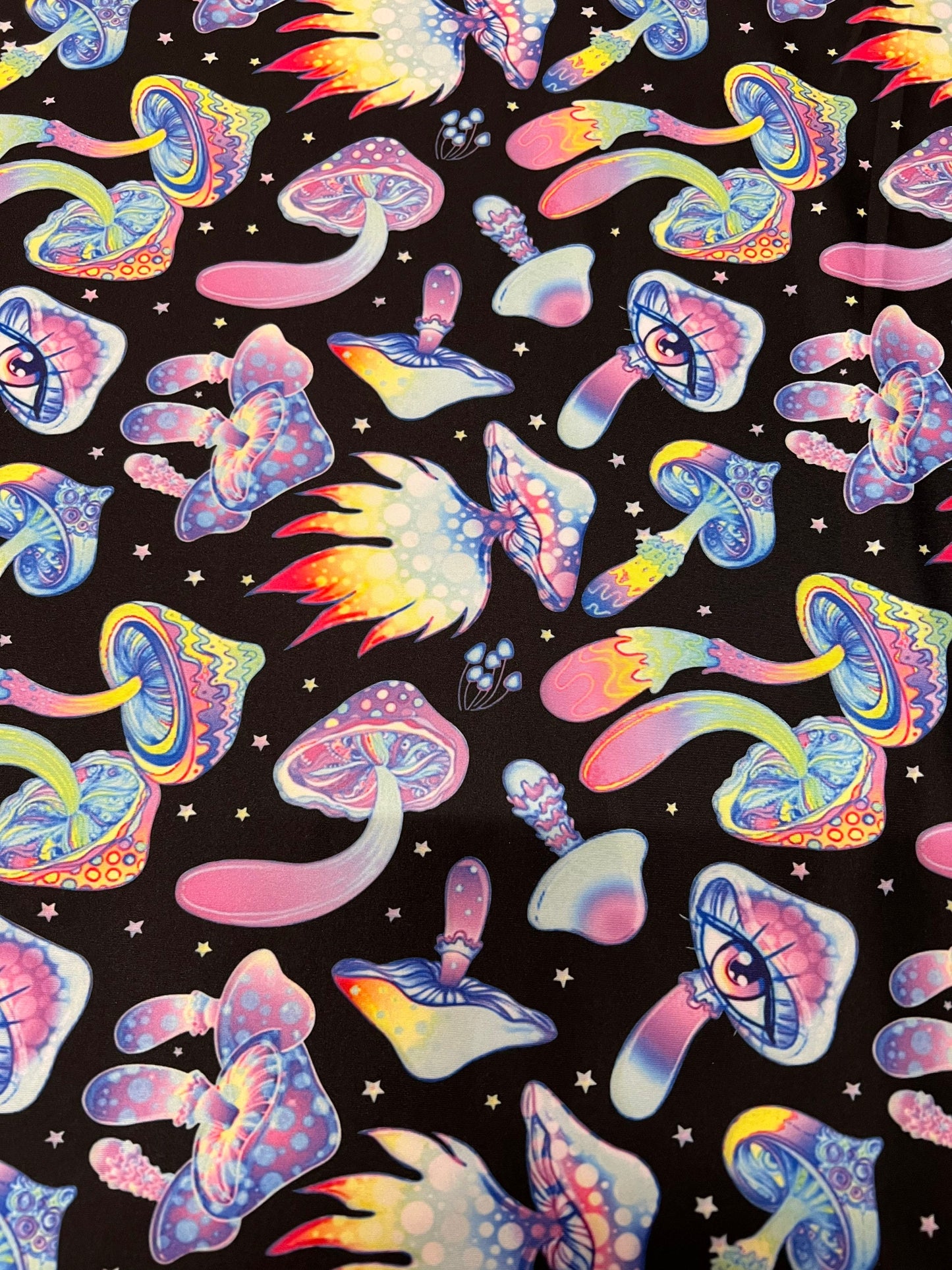 Magic mushroom pattern design print on the best quality of nylon spandex 4- way stretch sold by the YD.ships worldwide from Los Angeles CA