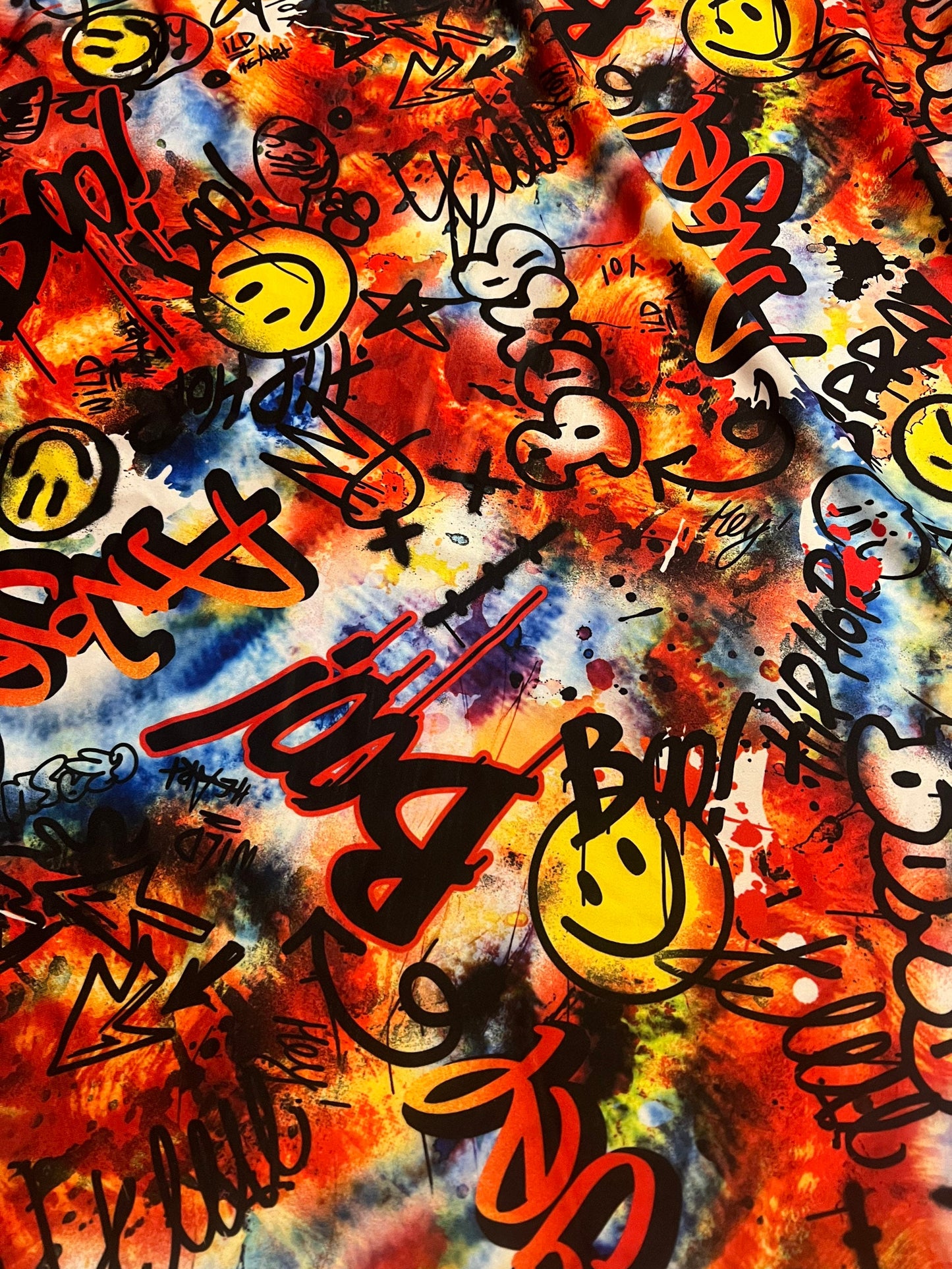 Graffiti art design print on the best quality of nylon spandex 4-stretch 58/60”sold by the YD.ships worldwide from Los Angeles California.