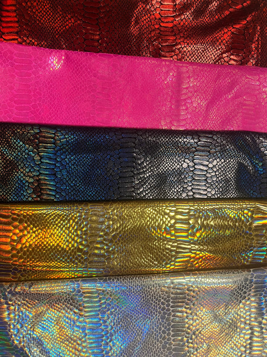 New iridescent foil snake skin design nylon spandex 4-stretch 58/60”sold by the YD.ships worldwide from Los Angeles California USA.