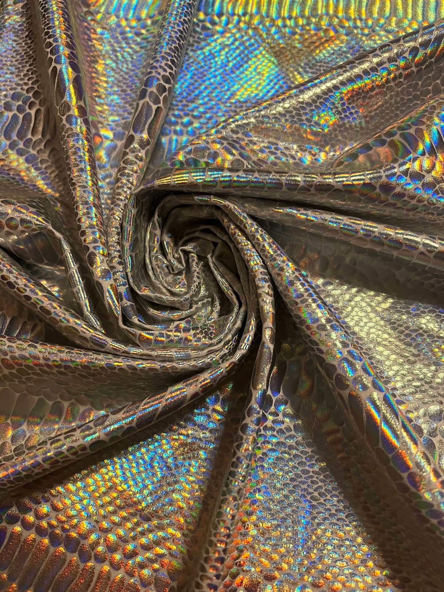 New iridescent foil snake skin design nylon spandex 4-stretch 58/60”sold by the YD.ships worldwide from Los Angeles California USA.