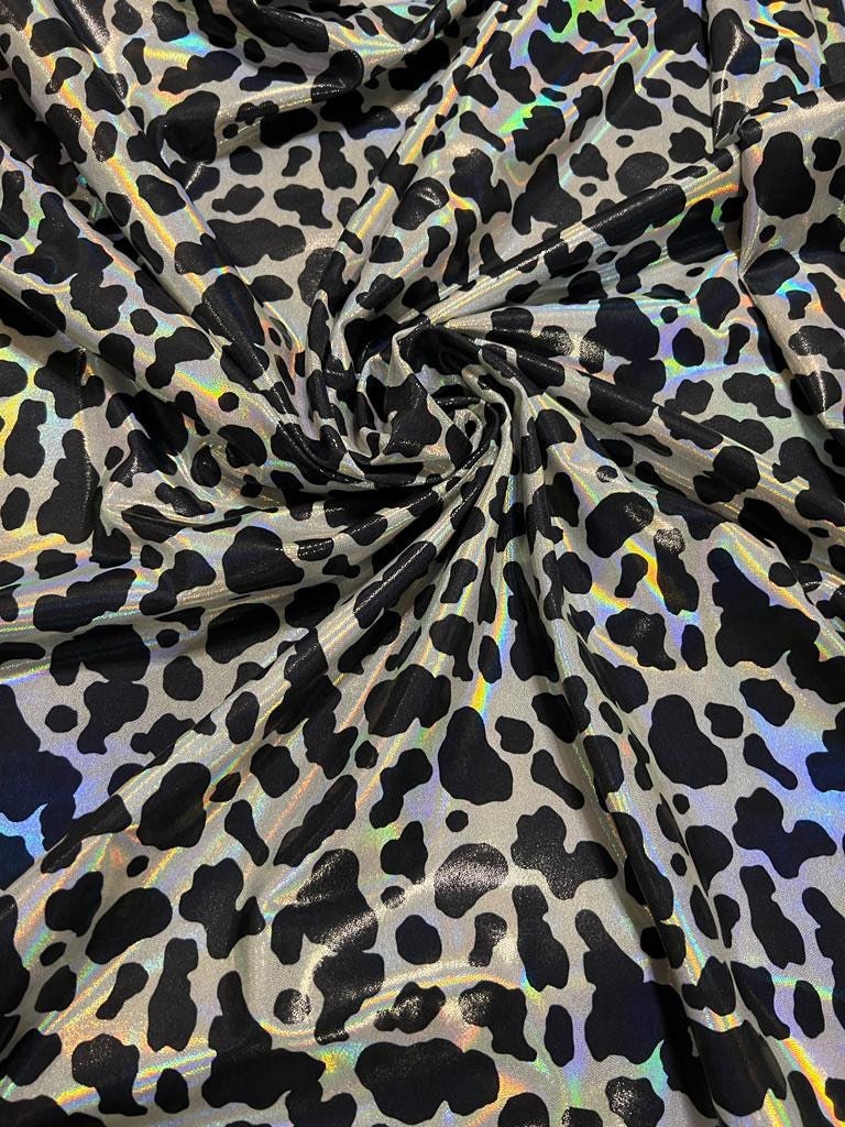 New Cow design iridescent metallic mystique nylon spandex 4-stretch 58/60”sold by the YD.ships worldwide from Los Angeles California USA.