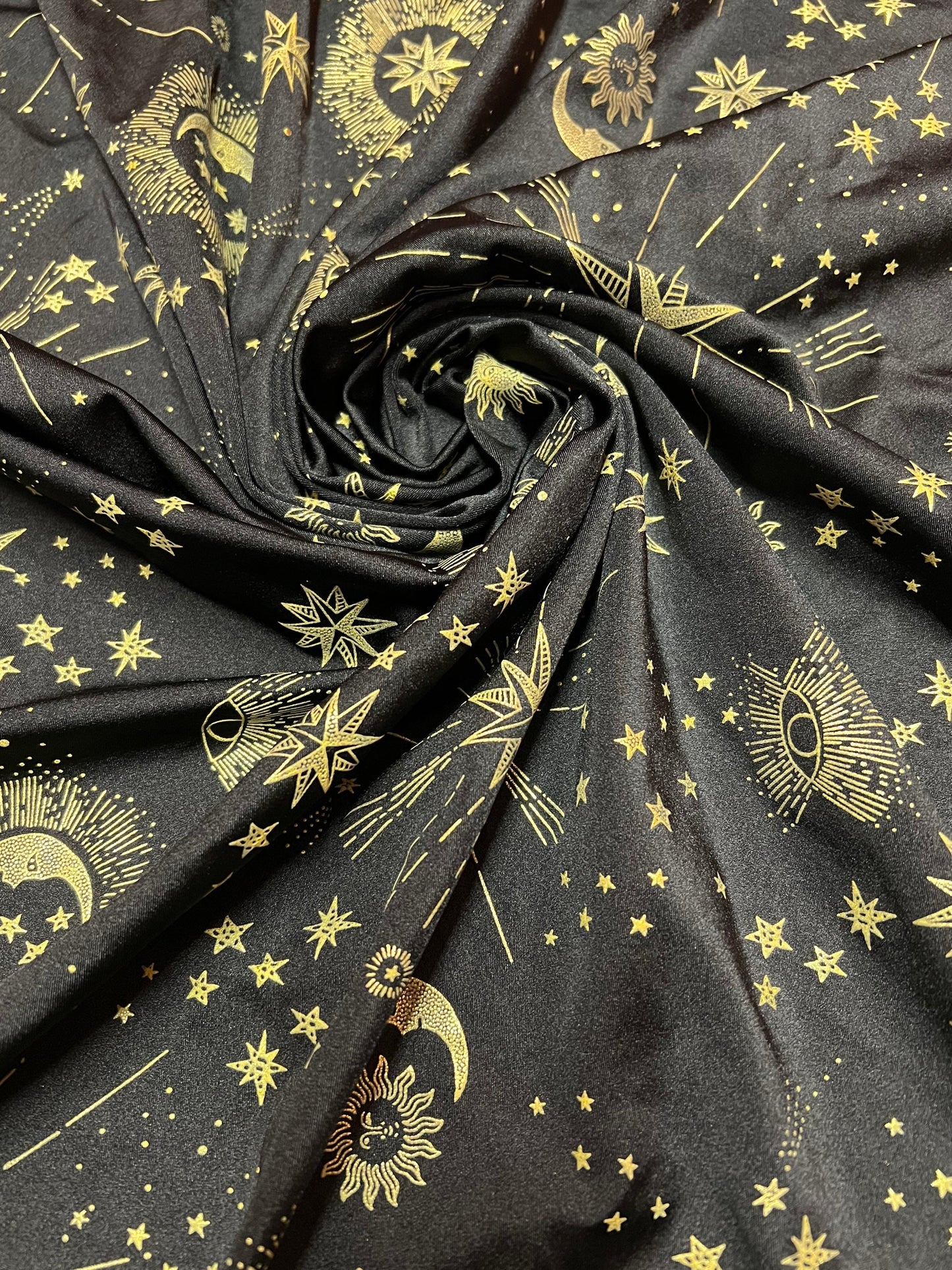 Stars moon celestial pattern design print on the nylon spandex 4-way stretch 58/60”sold by the YD.ships worldwide from Los Ángeles  CA USA