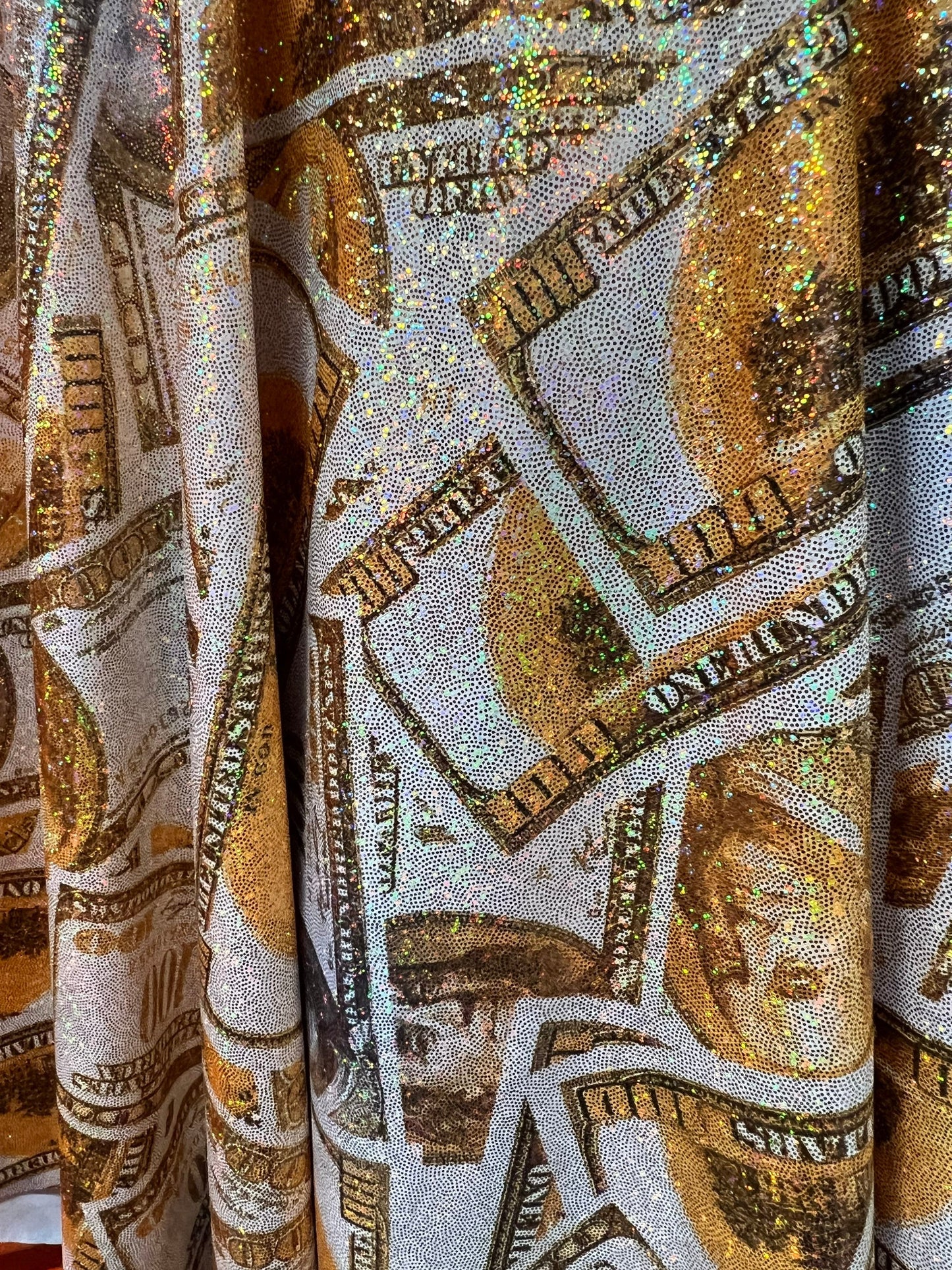 New metallic money design print on nylon spandex 4-way stretch 58/60”sold by the YD.ships worldwide from Los Angeles California USA