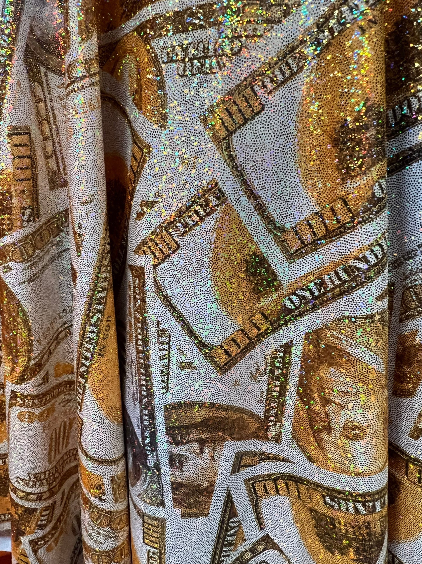 New metallic money design print on nylon spandex 4-way stretch 58/60”sold by the YD.ships worldwide from Los Angeles California USA