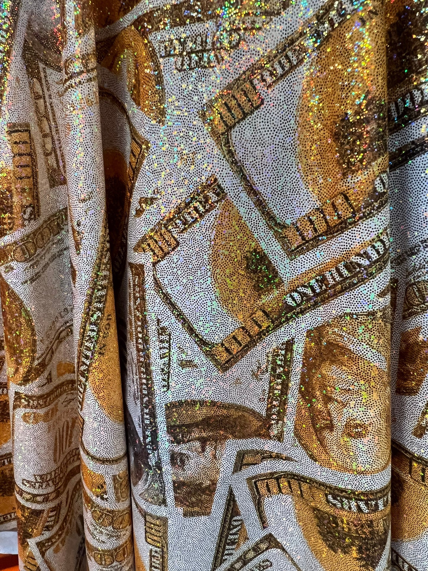 New metallic money design print on nylon spandex 4-way stretch 58/60”sold by the YD.ships worldwide from Los Angeles California USA