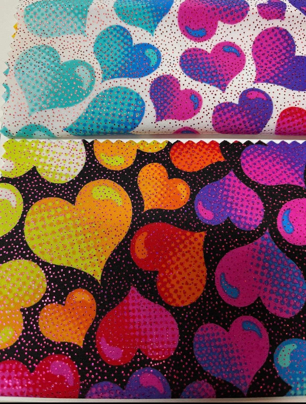 Colorful love heart print on nylon spandex with foil 4-way stretch 58/60”sold by the YD.ships worldwide from Los Angeles California USA.