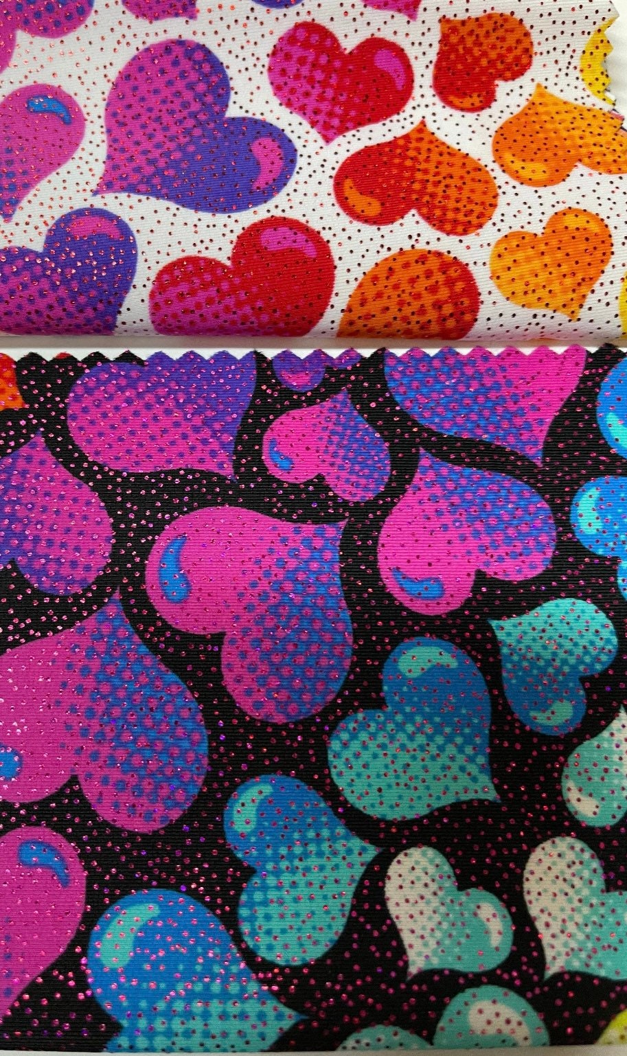 Colorful love heart print on nylon spandex with foil 4-way stretch 58/60”sold by the YD.ships worldwide from Los Angeles California USA.