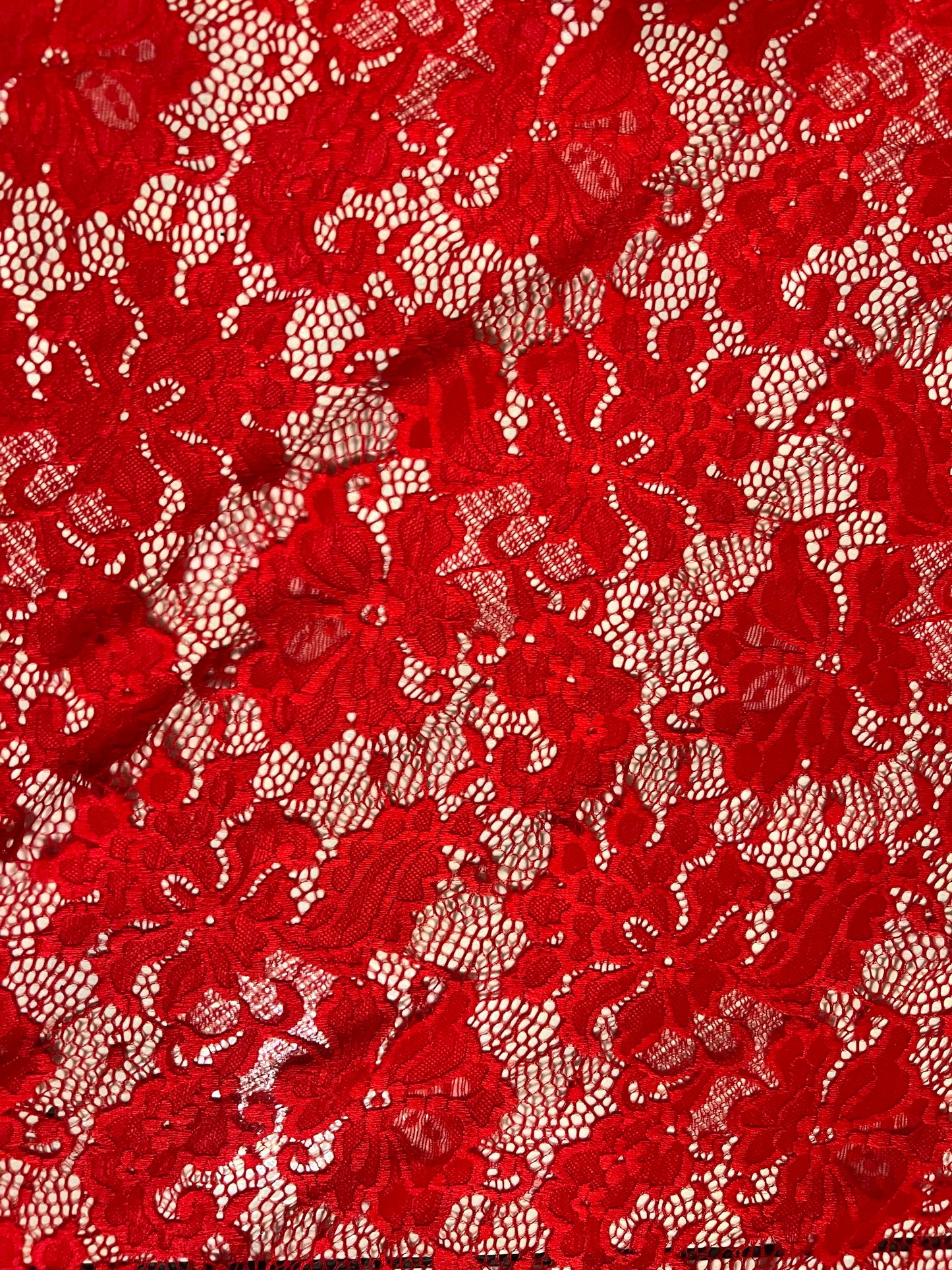 Victoria red lace design 4-way stretch 58/60”sold by the YD.ships worldwide from Los Angeles California USA.