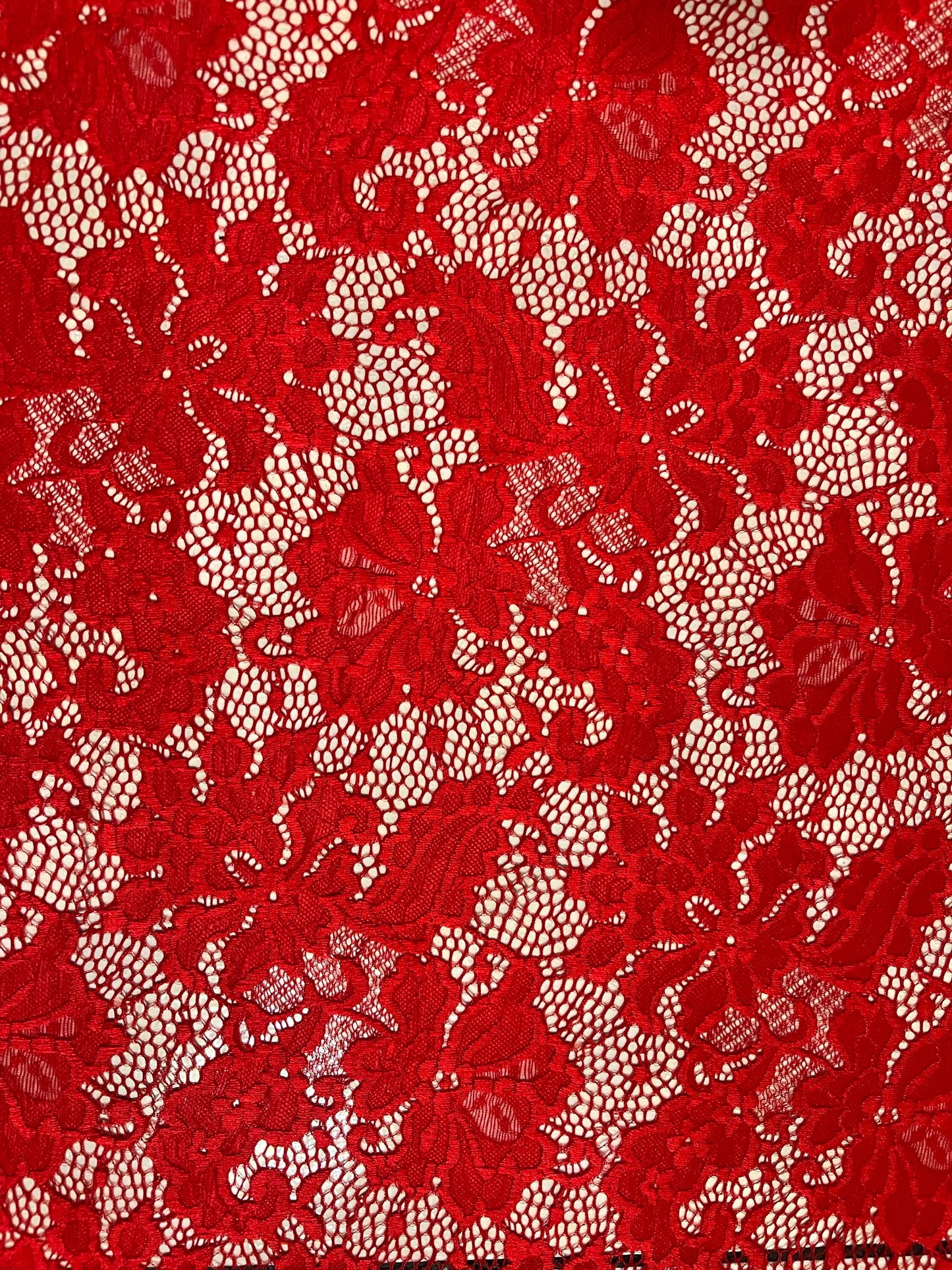 Victoria red lace design 4-way stretch 58/60”sold by the YD.ships worldwide from Los Angeles California USA.