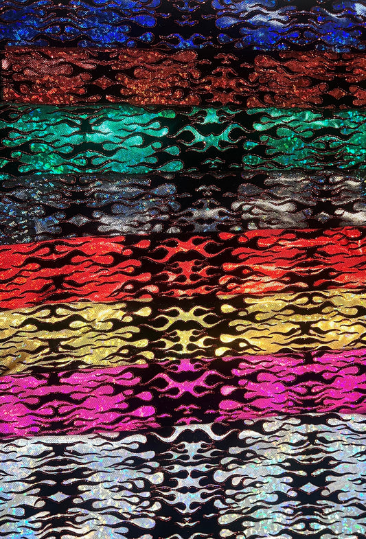 Leaping flames design hologram shattered glass with flocking metallic nylon spandex 4-stretch58/60”sold by the YD.Ships Worldwide from LA.