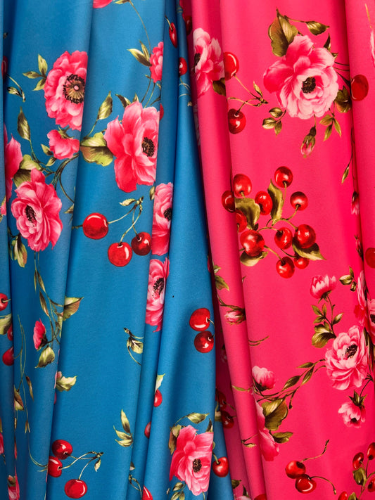 Adabella roses and cherries design print on the best quality of nylon spandex 4-stretch 58/60 sold by the YD.Ships worldwide from LA.