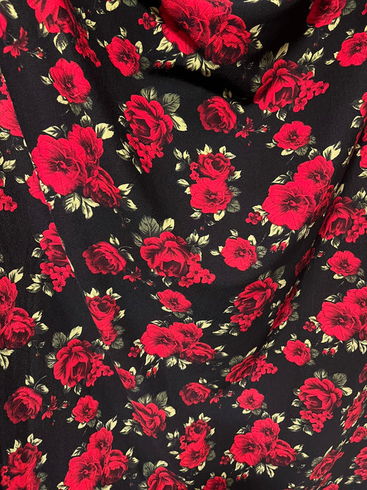 Red roses garden design print on poly spandex 4-stretch 58/60”sold by the YD. Ships worldwide from Los Angeles California USA.