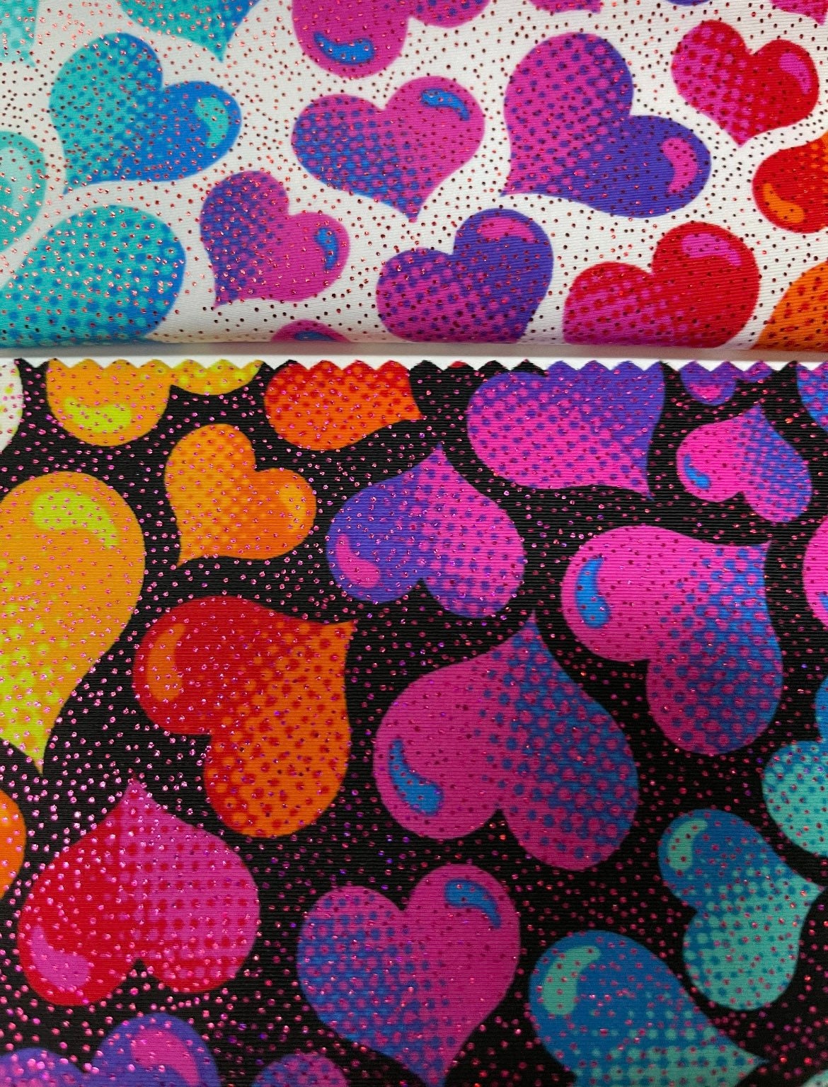 Colorful love heart print on nylon spandex with foil 4-way stretch 58/60”sold by the YD.ships worldwide from Los Angeles California USA.