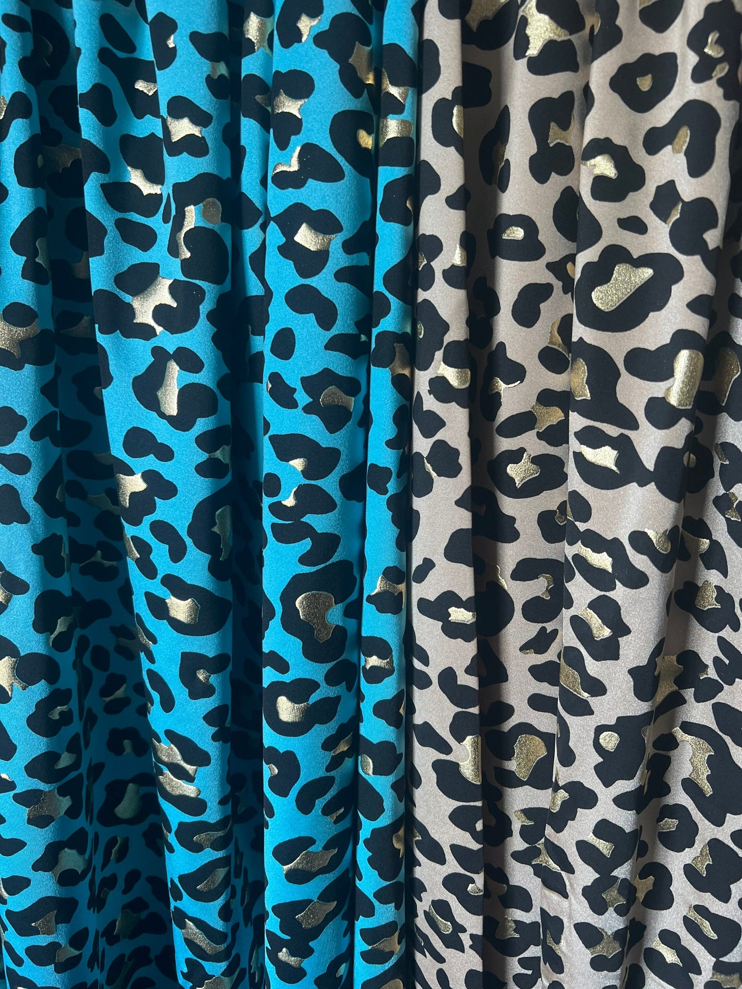 New leopard design with metallic print on the best quality nylon spandex 58/60”sold by the YD.ships worldwide from Los Angeles CA USA.