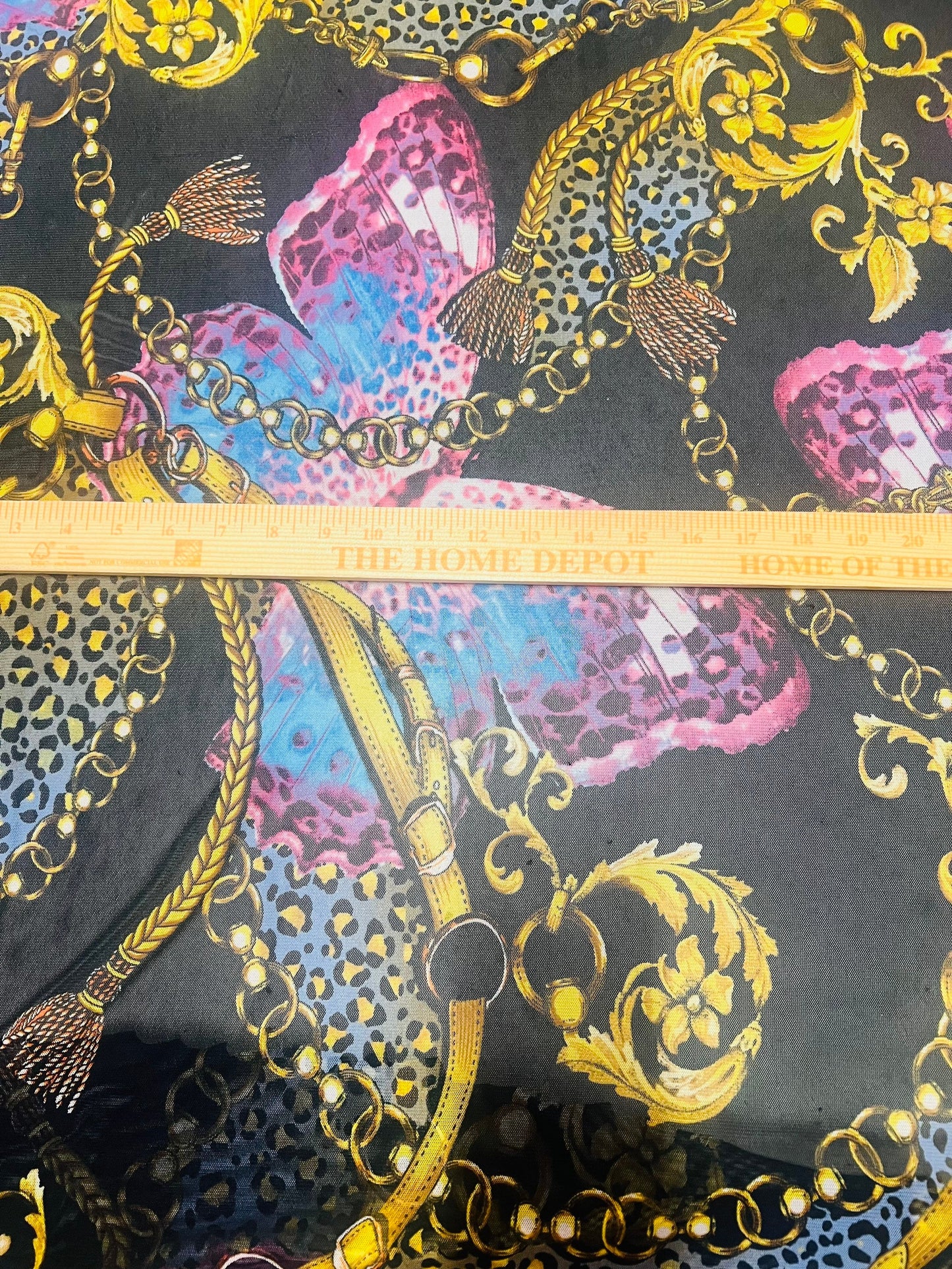 Butterfly baroque design print on power mesh nylon spandex 4-way stretch 58/60”Sold by the YD.Ships worldwide from Los Angeles CA.