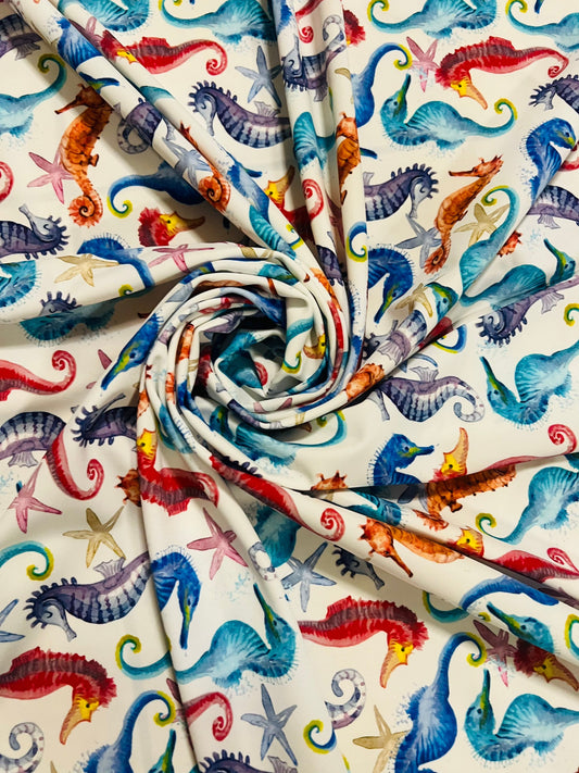 Cute Seahorse pattern design print on the best quality of nylon spandex 4-stretch 58/60”sold by the YD. Ships worldwide from Los Angeles CA