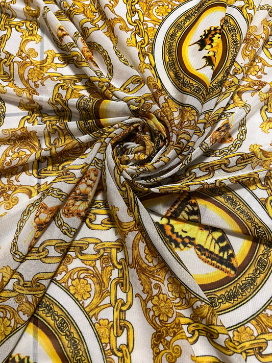 New chain and butterfly design print on the best quality of power mesh4-stretch 58/60”sold by the YD.Ships worldwide from Los Angeles CA.