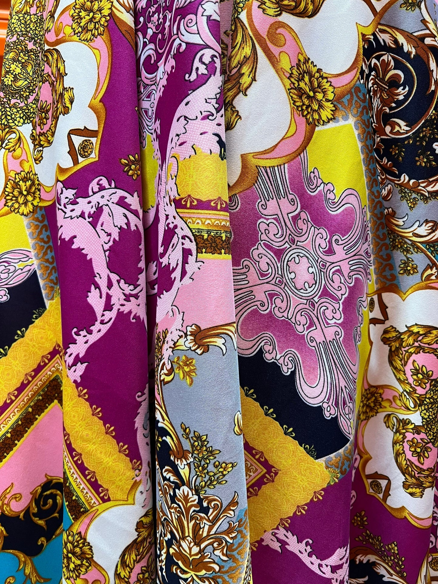 Luxury baroque design print on poly spandex4-Stretch 58/60”Sold by the YD.Ships worldwide from Los Angeles California USA.