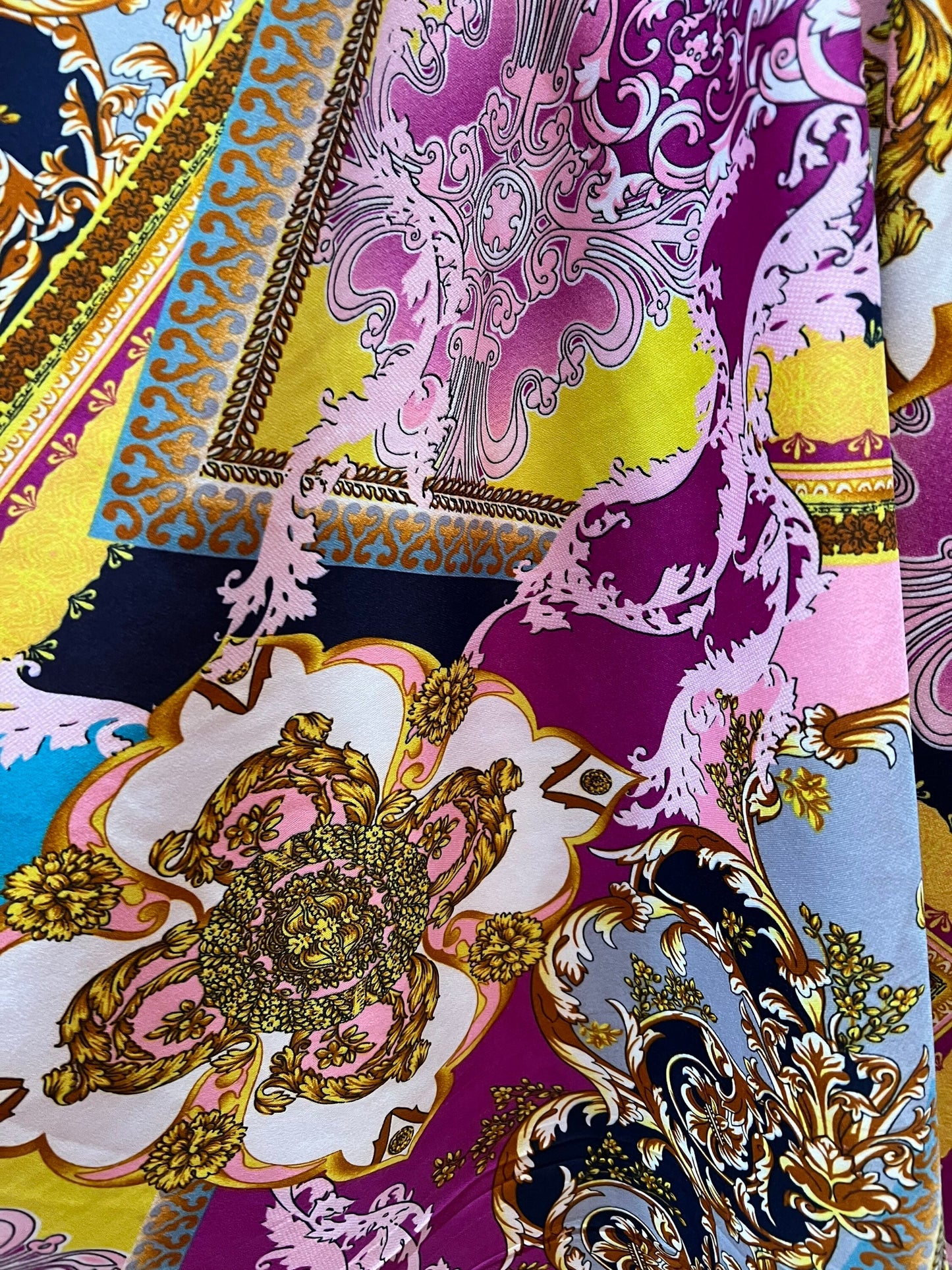 Luxury baroque design print on poly spandex4-Stretch 58/60”Sold by the YD.Ships worldwide from Los Angeles California USA.