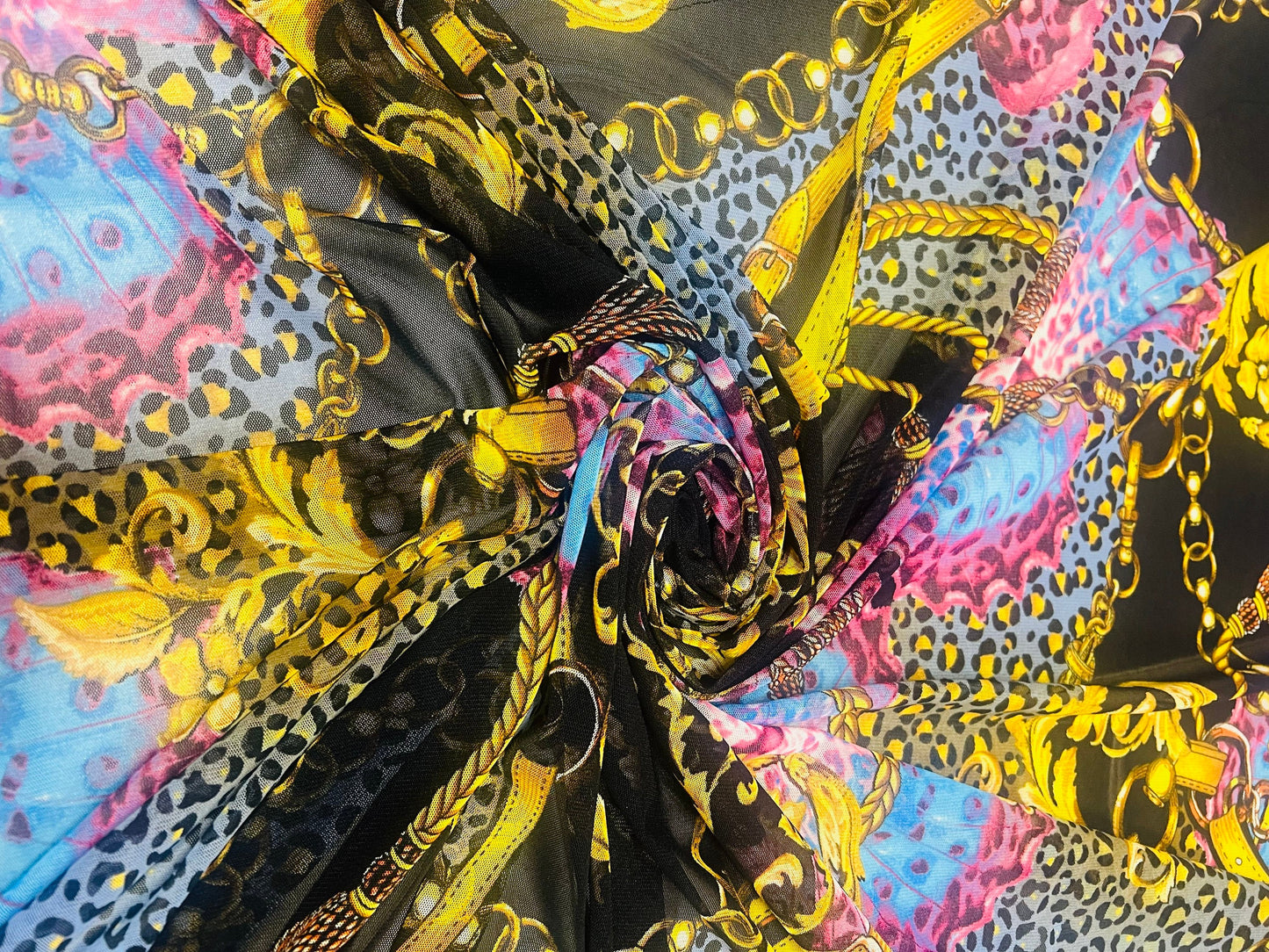 Butterfly baroque design print on power mesh nylon spandex 4-way stretch 58/60”Sold by the YD.Ships worldwide from Los Angeles CA.