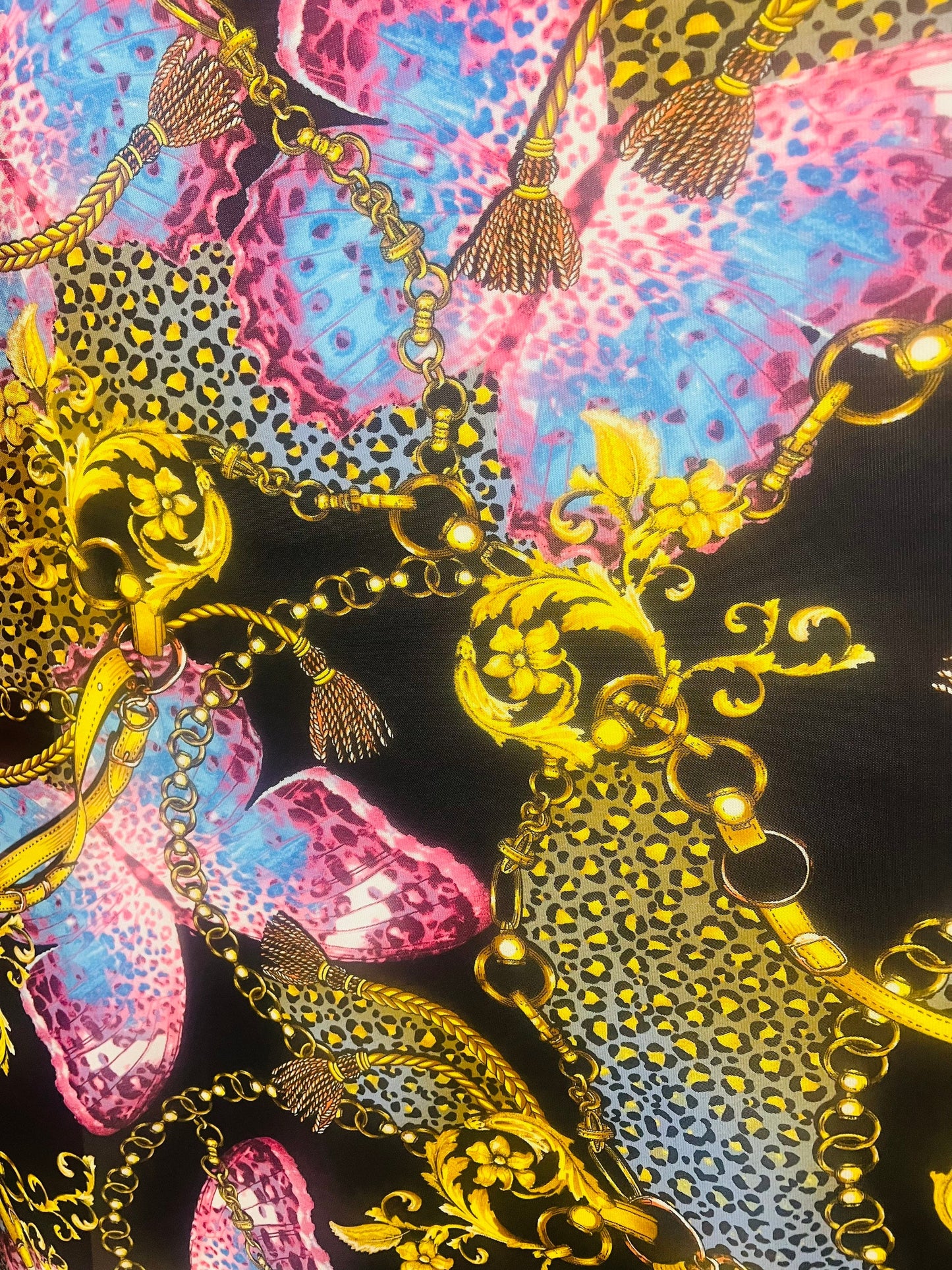 Butterfly baroque design print on power mesh nylon spandex 4-way stretch 58/60”Sold by the YD.Ships worldwide from Los Angeles CA.