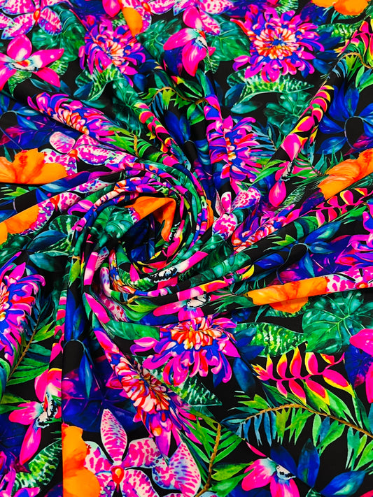 Hawaiian floral jungle design print on the best quality of nylon spandex 4-way stretch 58/60”sold by the YD.Ships worldwide from Los Angeles