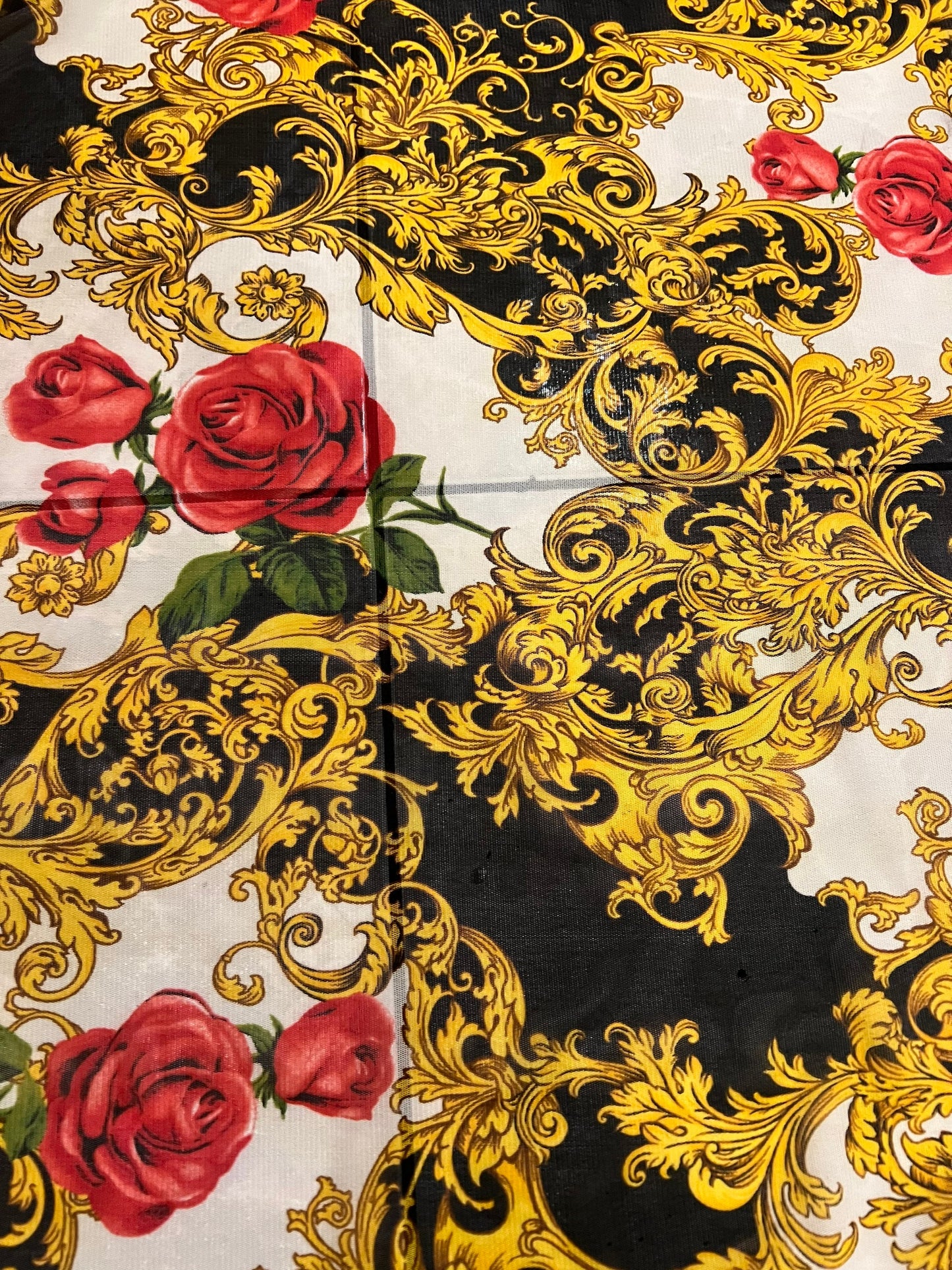 Baroque with Red Roses design print on power mesh nylon spandex 58/60”sold by the YD.Ships worldwide from Los Angeles California USA