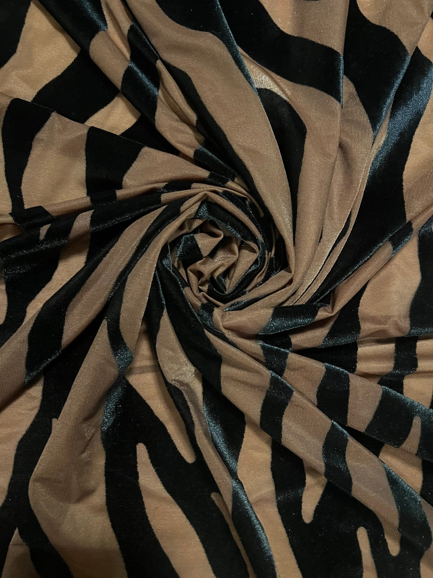 Mocha and Black zebra design print on burnout velvet 4-stretch 58/60”Sold by the YD.Ships worldwide from Los Angeles California USA