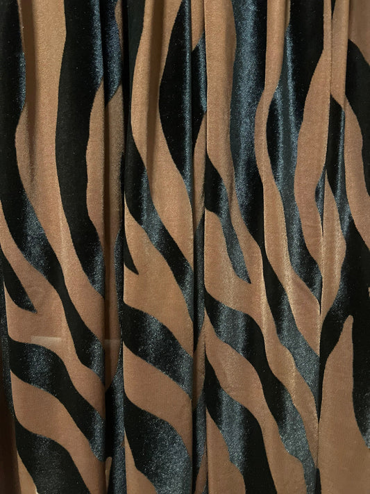 Mocha and Black zebra design print on burnout velvet 4-stretch 58/60”Sold by the YD.Ships worldwide from Los Angeles California USA