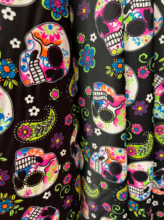 Mexican Skull design print on the best quality of nylon spandex 4-stretch 58/60”Sold by the YD.Ships worldwide from Los Angeles CA.