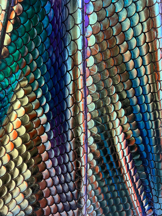 Modern Iridescent Mermaid foil fish scales print on nylon spandex 4-Stretch 58/60”Sold by the YD.Ships worldwide from Los Angeles California