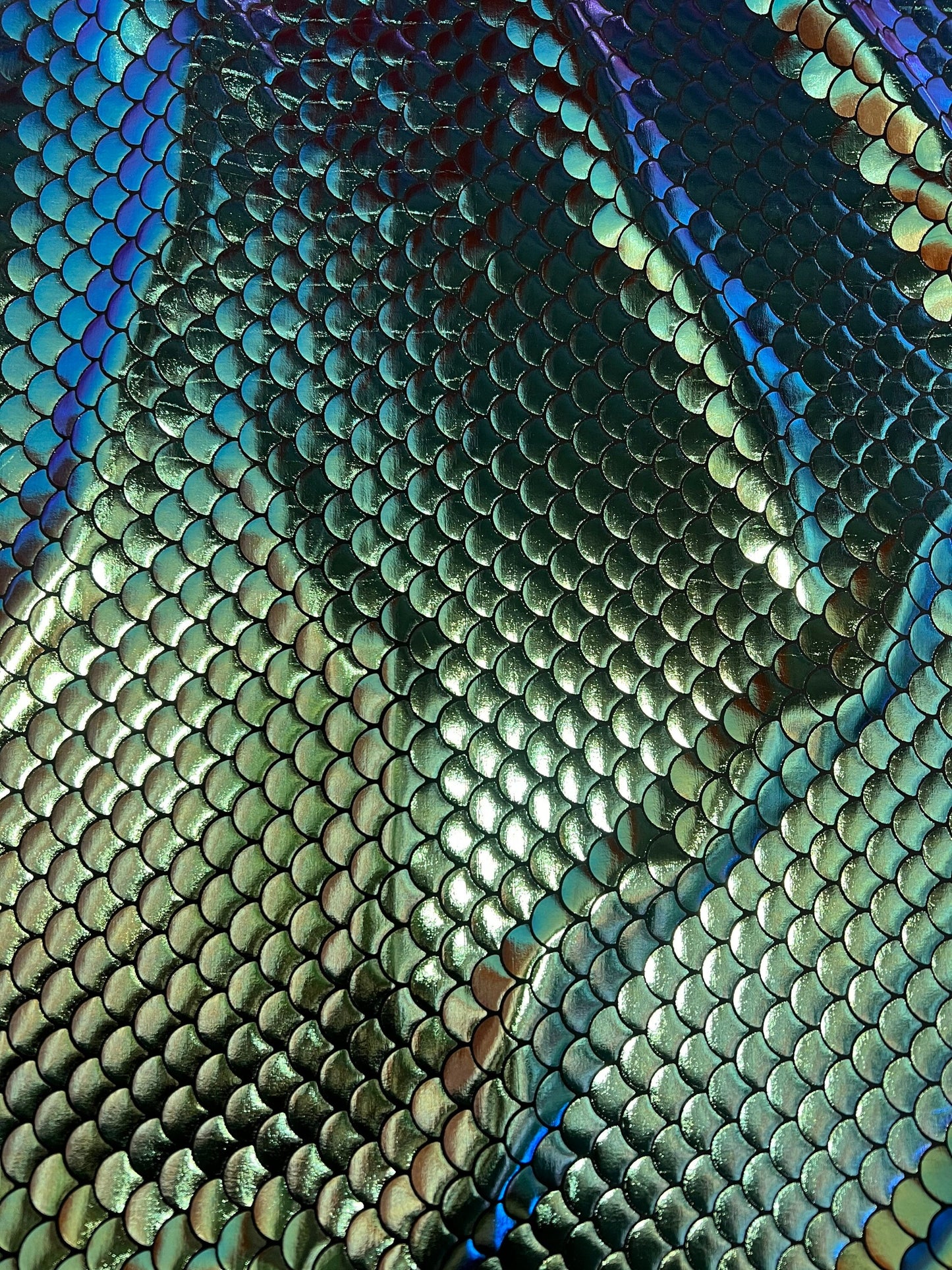 Modern Iridescent Mermaid foil fish scales print on nylon spandex 4-Stretch 58/60”Sold by the YD.Ships worldwide from Los Angeles California