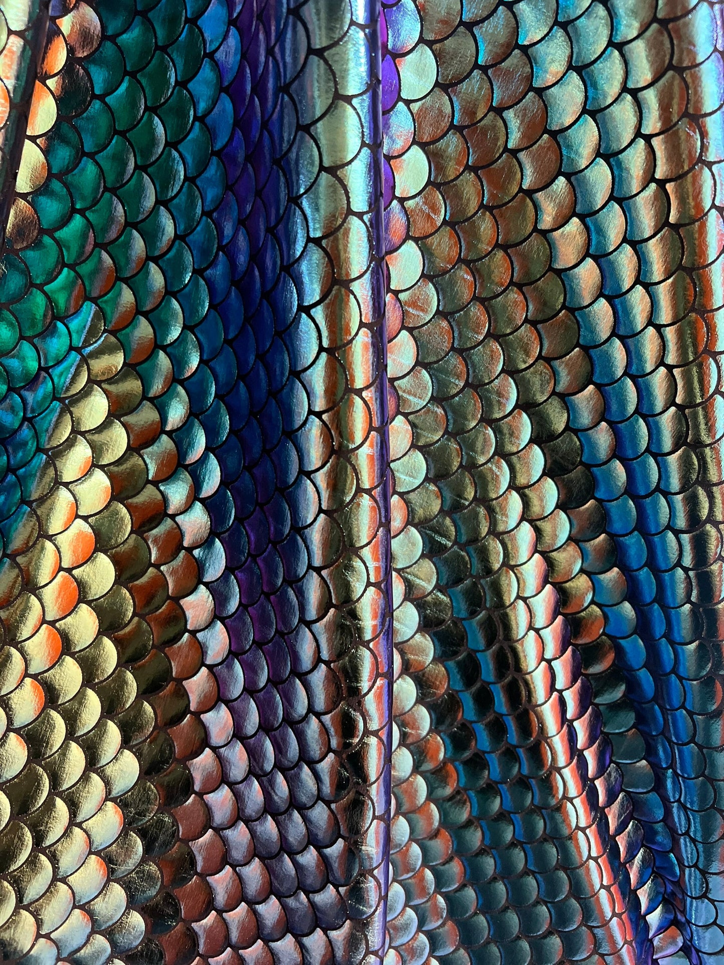 Modern Iridescent Mermaid foil fish scales print on nylon spandex 4-Stretch 58/60”Sold by the YD.Ships worldwide from Los Angeles California