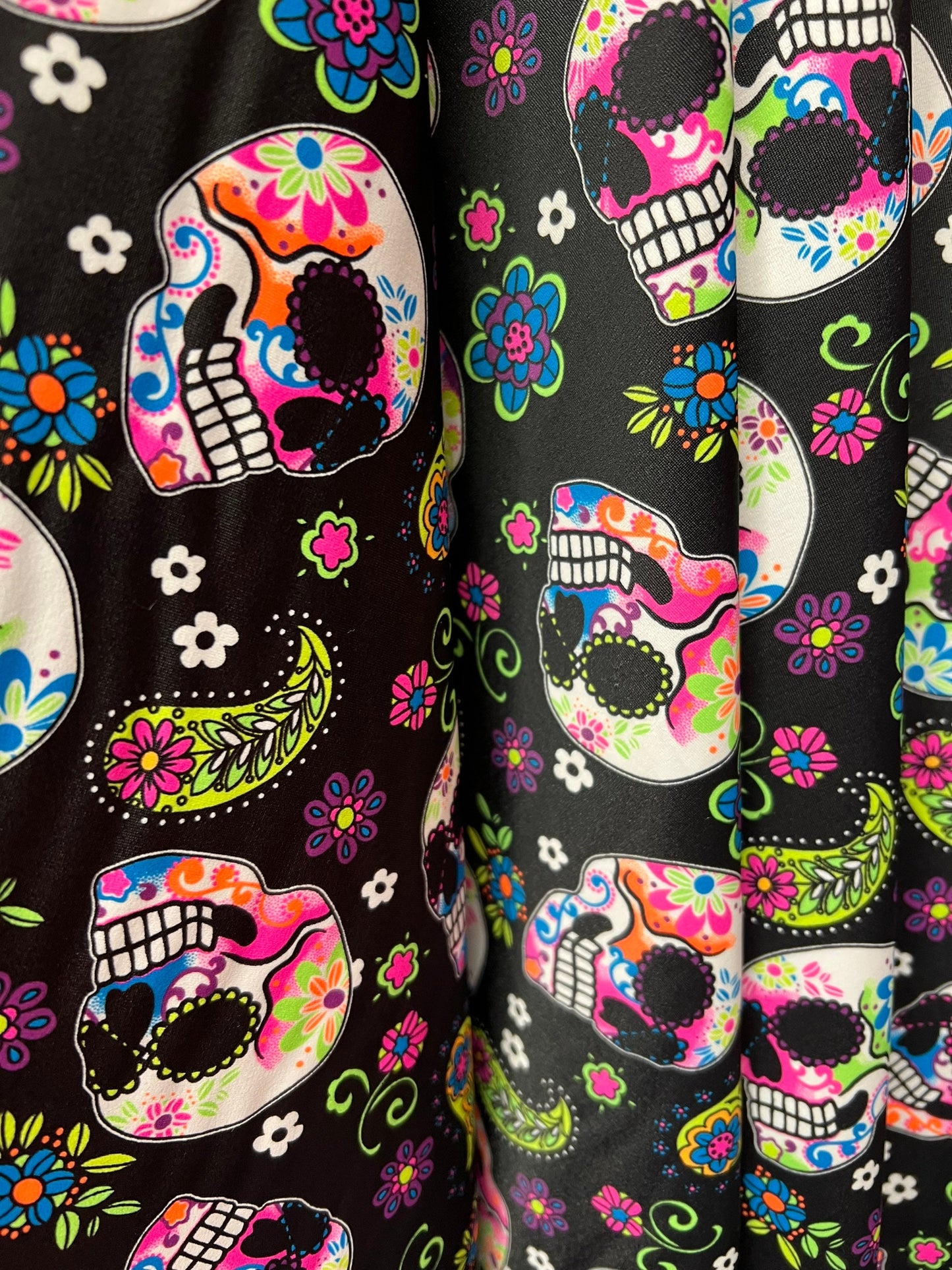 Mexican Skull design print on the best quality of nylon spandex 4-stretch 58/60”Sold by the YD.Ships worldwide from Los Angeles CA.