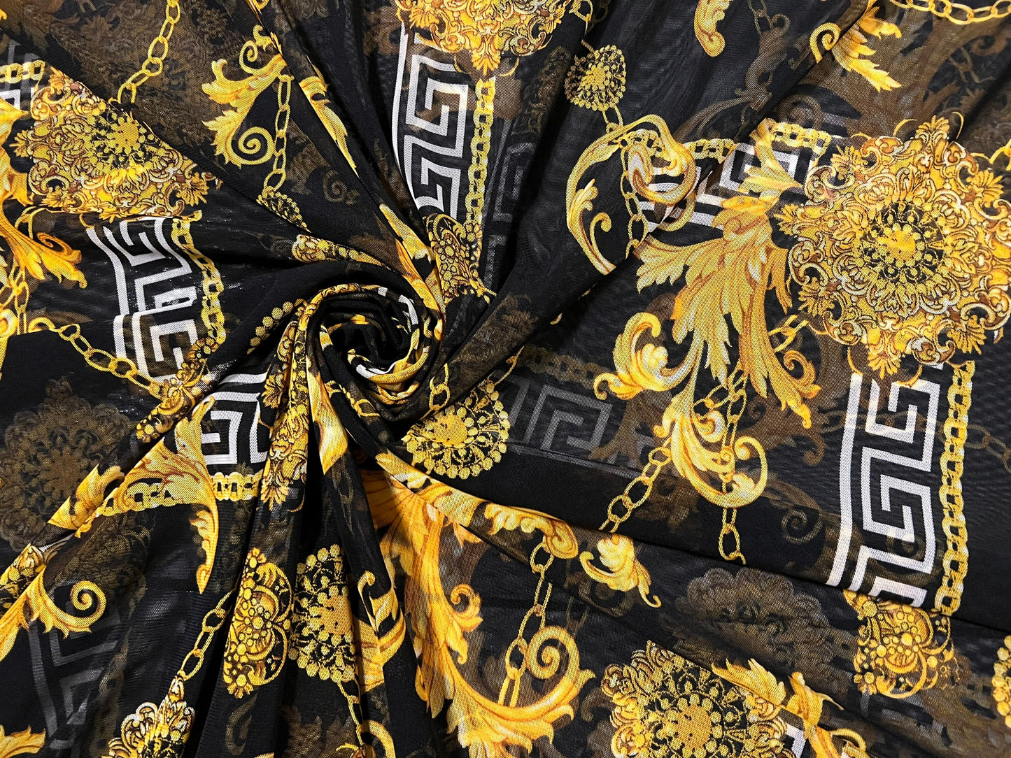 Beautiful baroque design print on the best quality of power mesh nylon spandex 4-stretch 58/60”Sold by the YD.Ships worldwide from LA