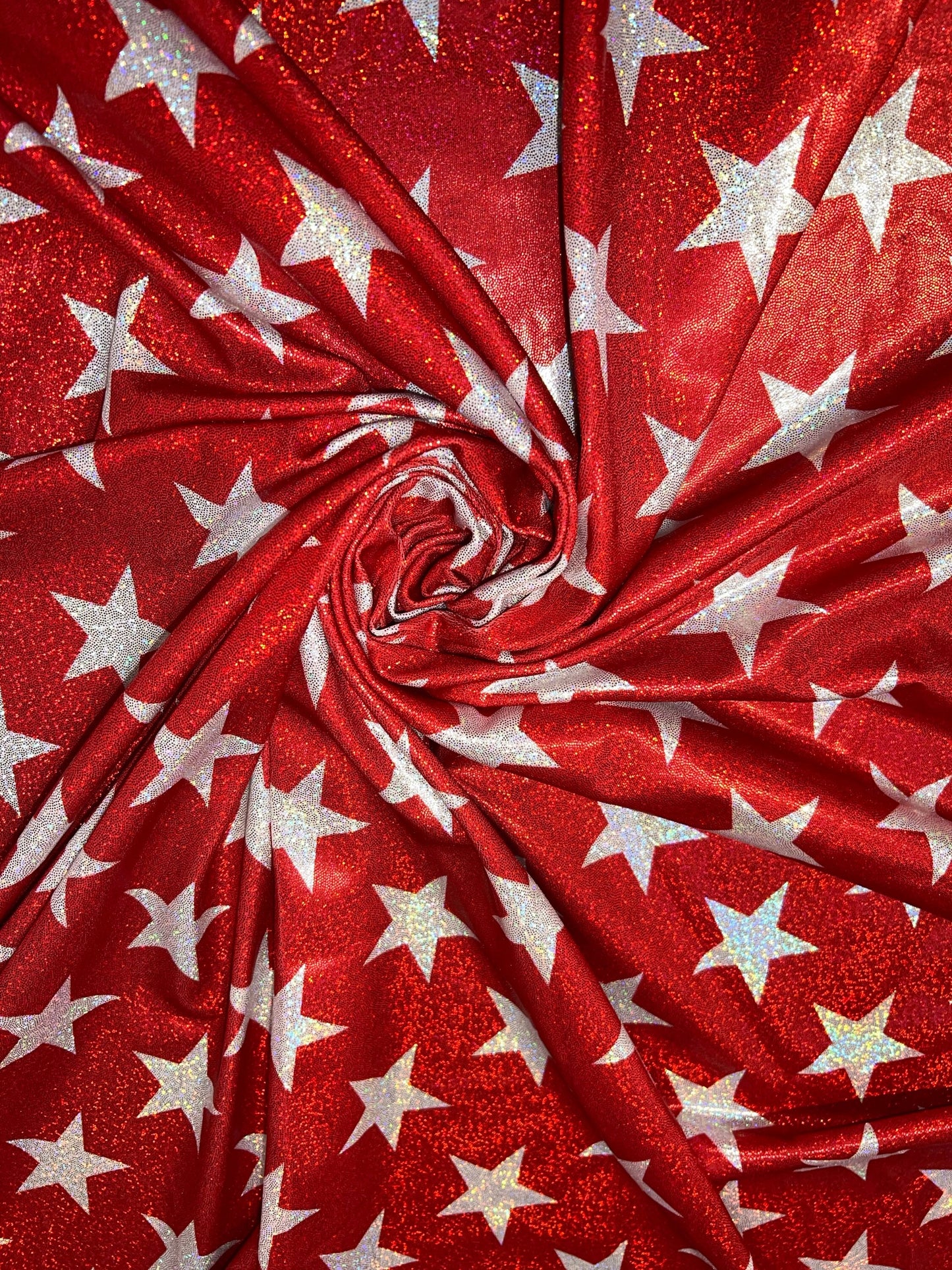 New Hologram Metallic stars design print on nylon spandex 4-way stretch 58/60”Sold by the YD.Ships worldwide from Los Angeles California USA