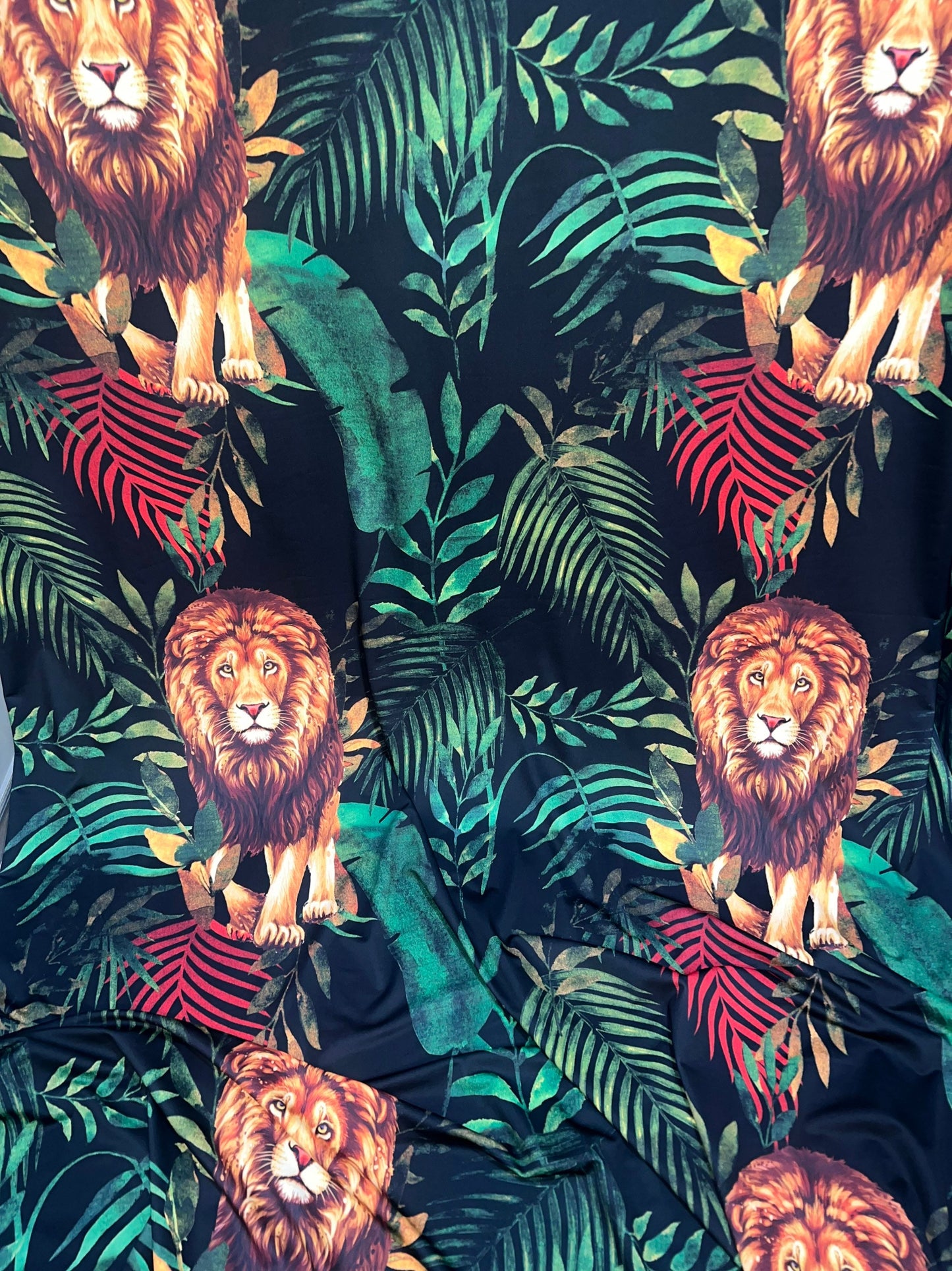 Lion in the jungle print on the best quality of nylon spandex 4way stretch 58/60”Sold by the YD.Ships worldwide from Los Angeles CA.