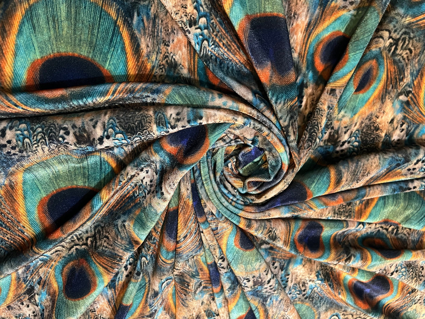 New peacock pattern design print on the best quality of stretch velvet 58/60”sold by the YD.Ships worldwide from Los Angeles California USA.